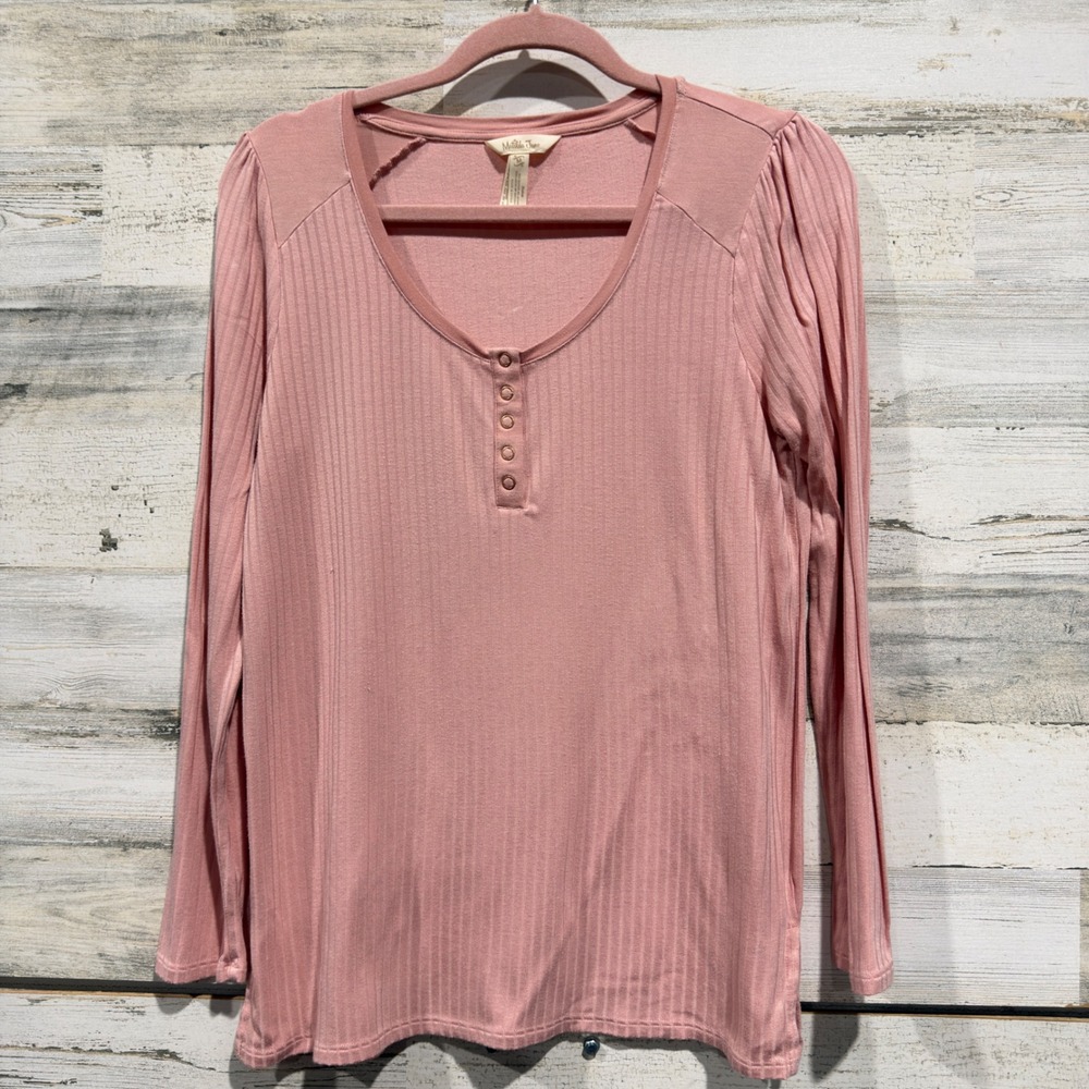 Matilda Jane Henley Top Women M Pink Ribbed Long Sleeve *Flawed